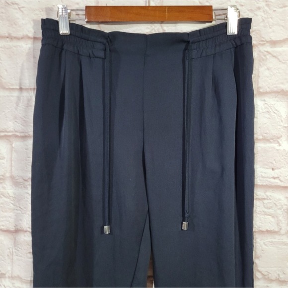Zara Navy Blue High Rise Crepe Straight Leg Drawstring Pants - Picture 2 of 12